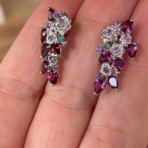Genuine Rhodolite Emerald Amethyst Earrings - Picture 8 of 9